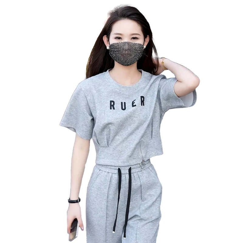 Faionable Sportswear Set Women's 2025 Summer New Korean Design Waist-Cinching Top Wide Leg Pants Two-Piece Set
