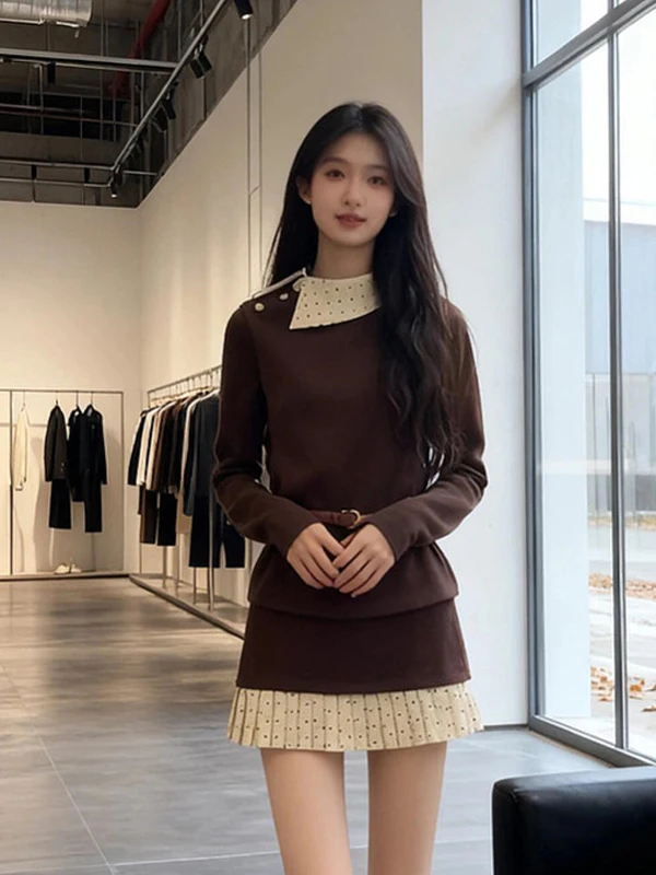 

Осенне-зимний женский модный комплект: укороченная юбка с высокой талией, топ с клетчатым воротником и облегающий топ, а также юбка в комплекте. Повседневная теплая одежда.