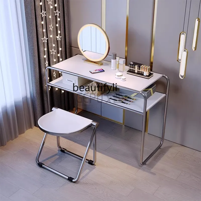 

Medieval stainless steel transparent glass makeup dressing computer table light luxury bedroom writing table