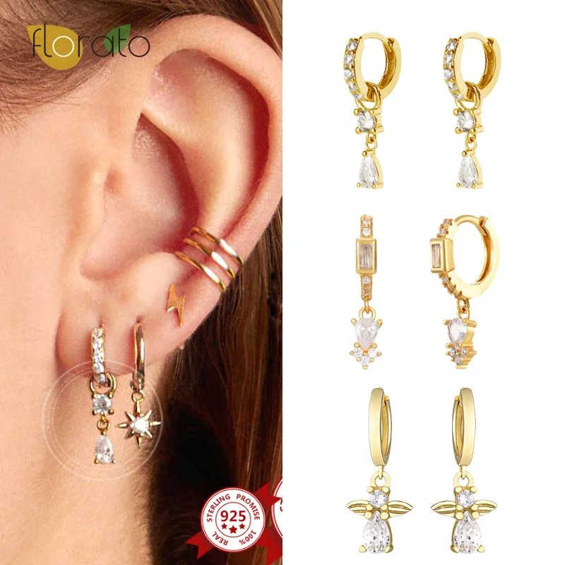 

925 Sterling Silver Needle Gold Earrings for Women Crystal Zircon Water Drop Piercing Hoop Drop Earrings 2023 Fashion Jewelry