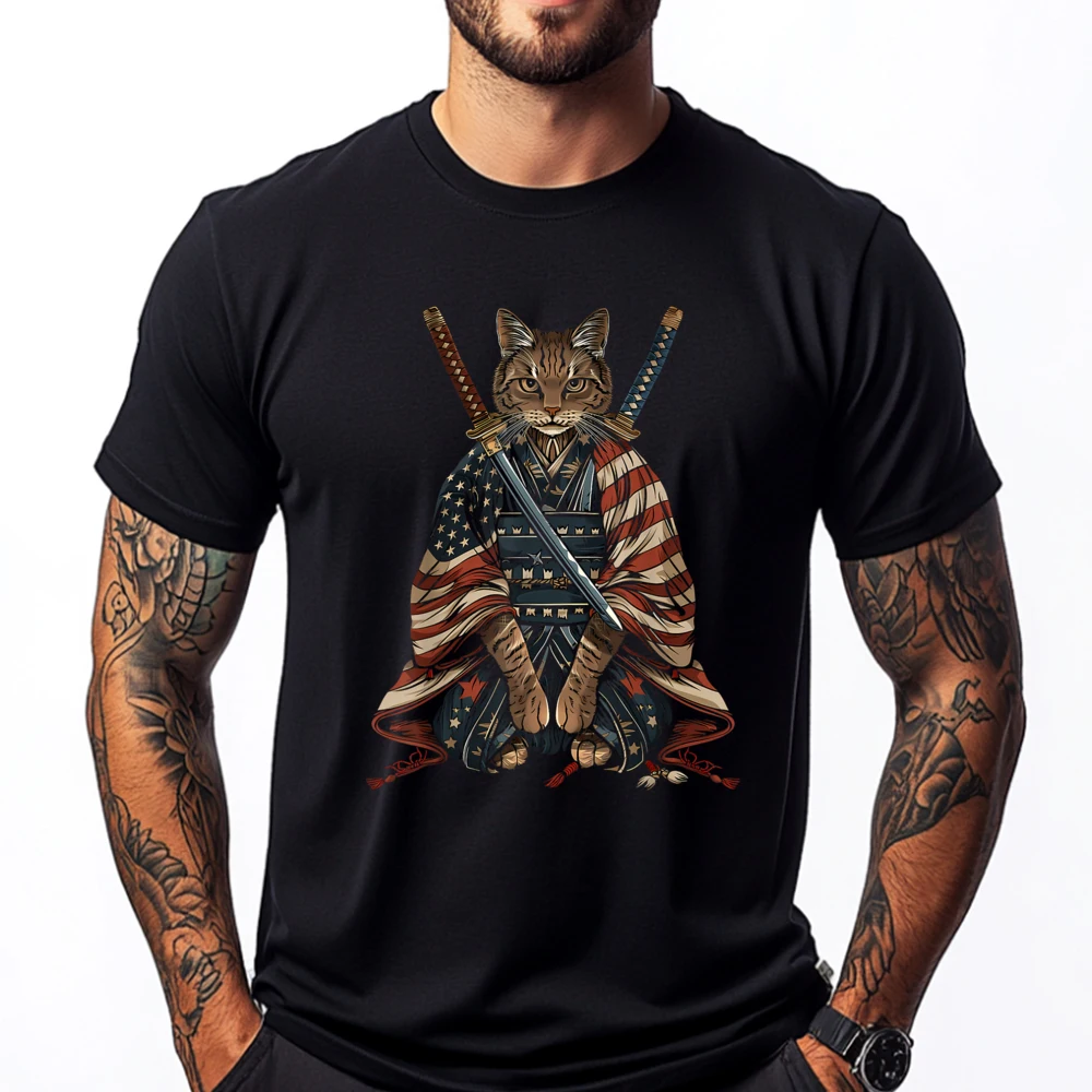 

Cat Samurai American Flag Samurai Cat Art Patriotic Cat Clothing Clothes Happy New Years Mens Designer Clothes T Shirt Men