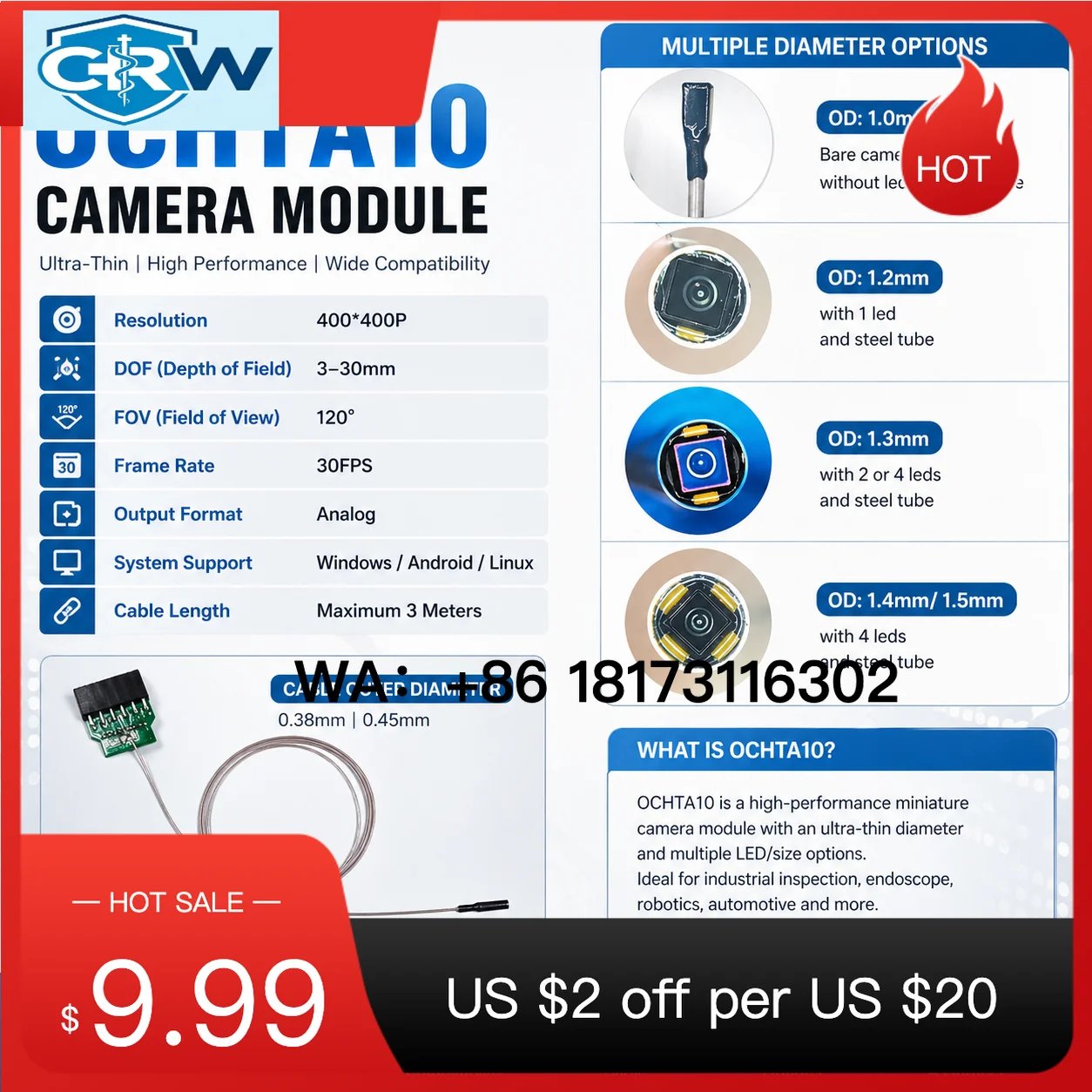 CRW Smallest 1.0/1.2/1.3/1.5mm OCHTA10 CMOS USB2.0    Module with LED Steel Shell for Ultra-Mini Visual Access Devices