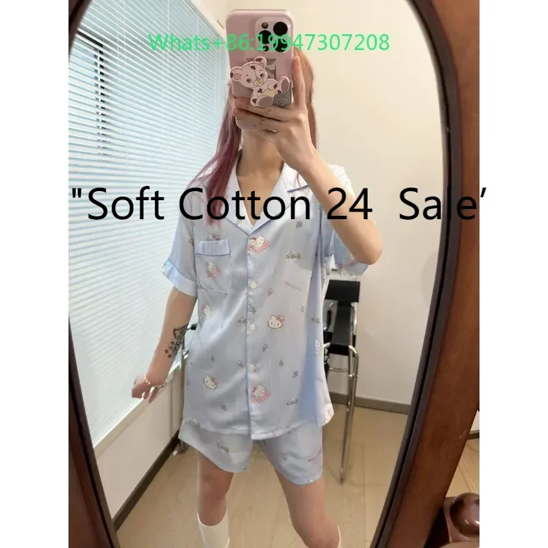 

Summer new blue lapel cute Hello Kitty printed ice silk pajamas women's short-sleeved shorts loungewear set