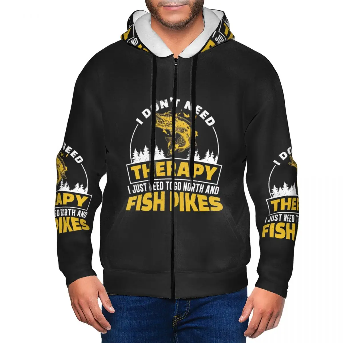Je n'ai pas besoin de thérapie, Pêche au brochet, Pêcheur, Poisson, Sweat à capuche zippé, Pull, Automne Hiver, Hommes Femmes, Sweat-shirt, Hauts à manches longues