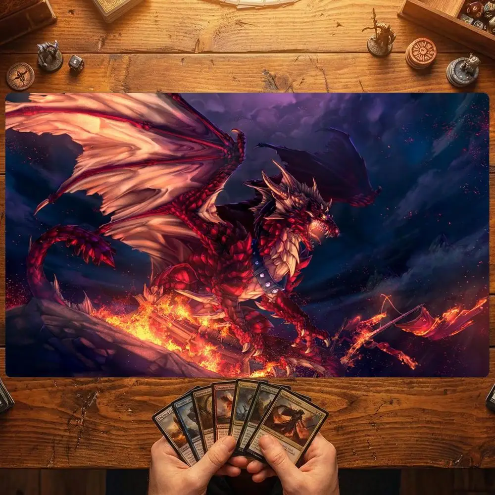 Fierce Red Scaled Fire Dragon TCG Playmat 35X60CM Magic Card Battle Mat Non-Slip Durable Stitched Edge Tabletop Playmat