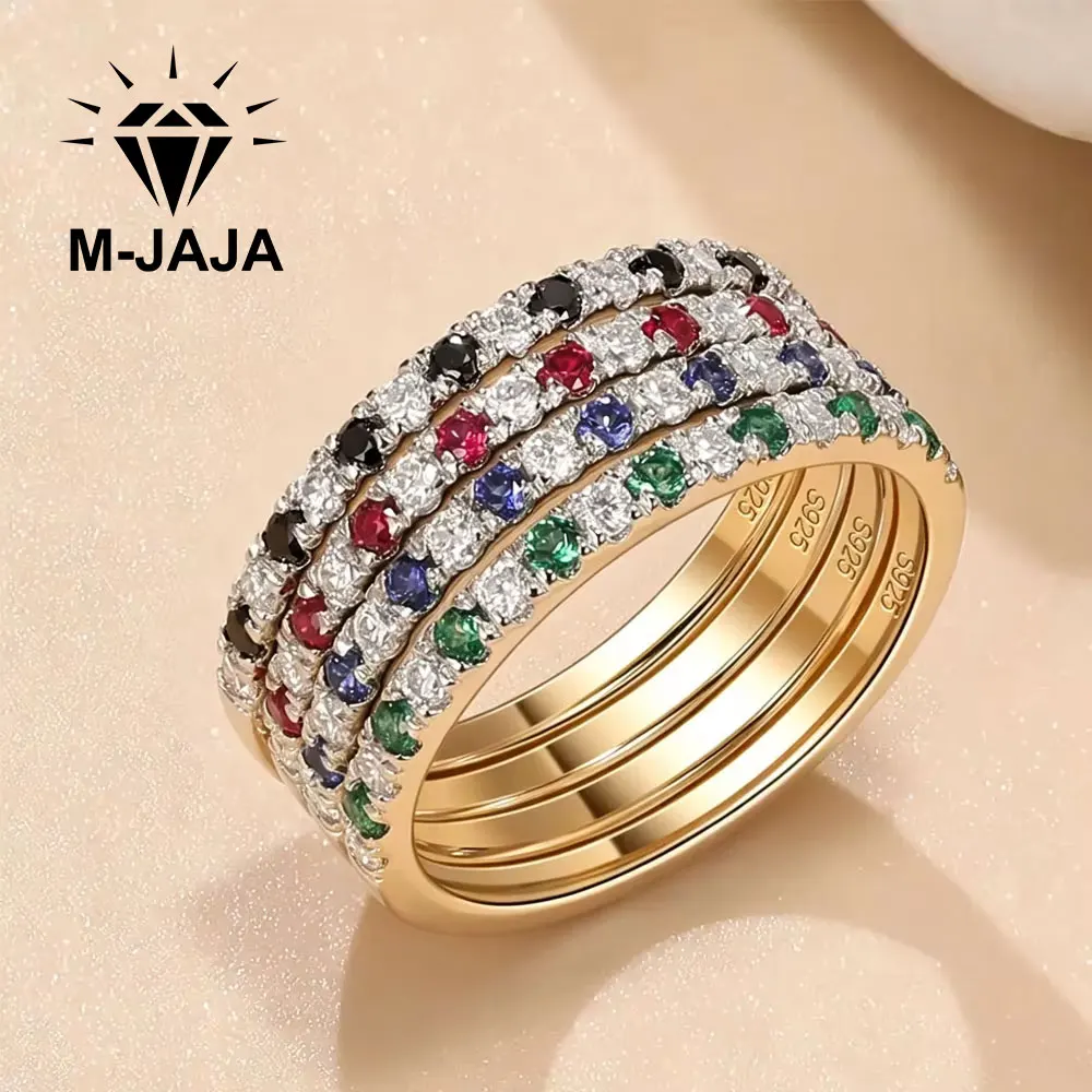 M-JAJA 4pcs Stackable Moissanite Birthstone Eternity Rings Set 925 Silver Sapphire Emerald Ruby Gemstone Wedding Band for Women