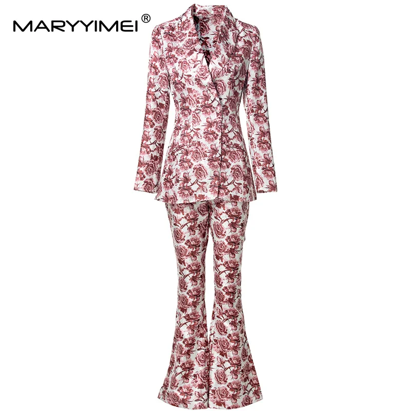 

MARYYIMEI Summer New Arrival For Women's Suit Turn-Down Collar Long-Sleeved Tops+Slim Flare Pants Print Jacquard 2-piece set