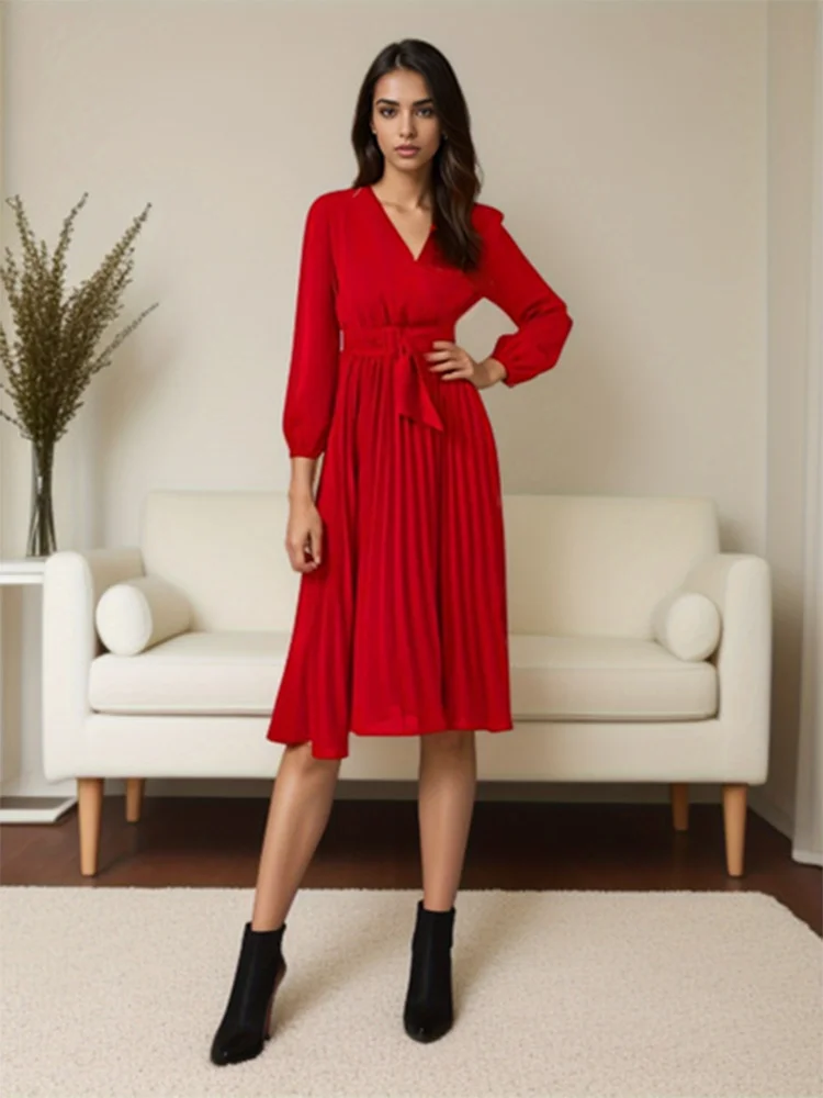 European and American Plus Size Sexy V-Neck Pleated Party Dress Women Elegant with Belt Long Sleeve Robe Femme Red Maxi Vestido