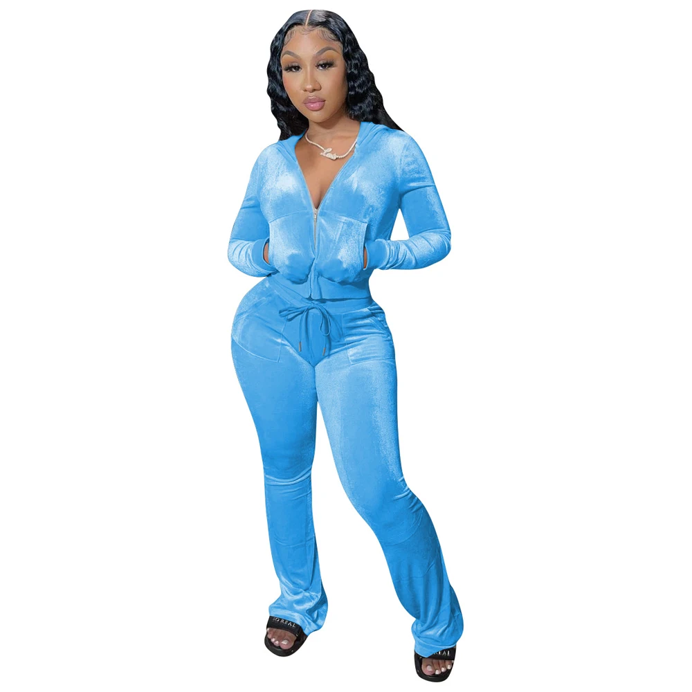 JENYAGE Damen Y2K Einfarbiger Velours Zweiteiler Trainingsanzug mit Reißverschluss-Kapuzenjacke und ausgestellter Hose mit Kordelzug, lässiger Jogginganzug – Detail 16