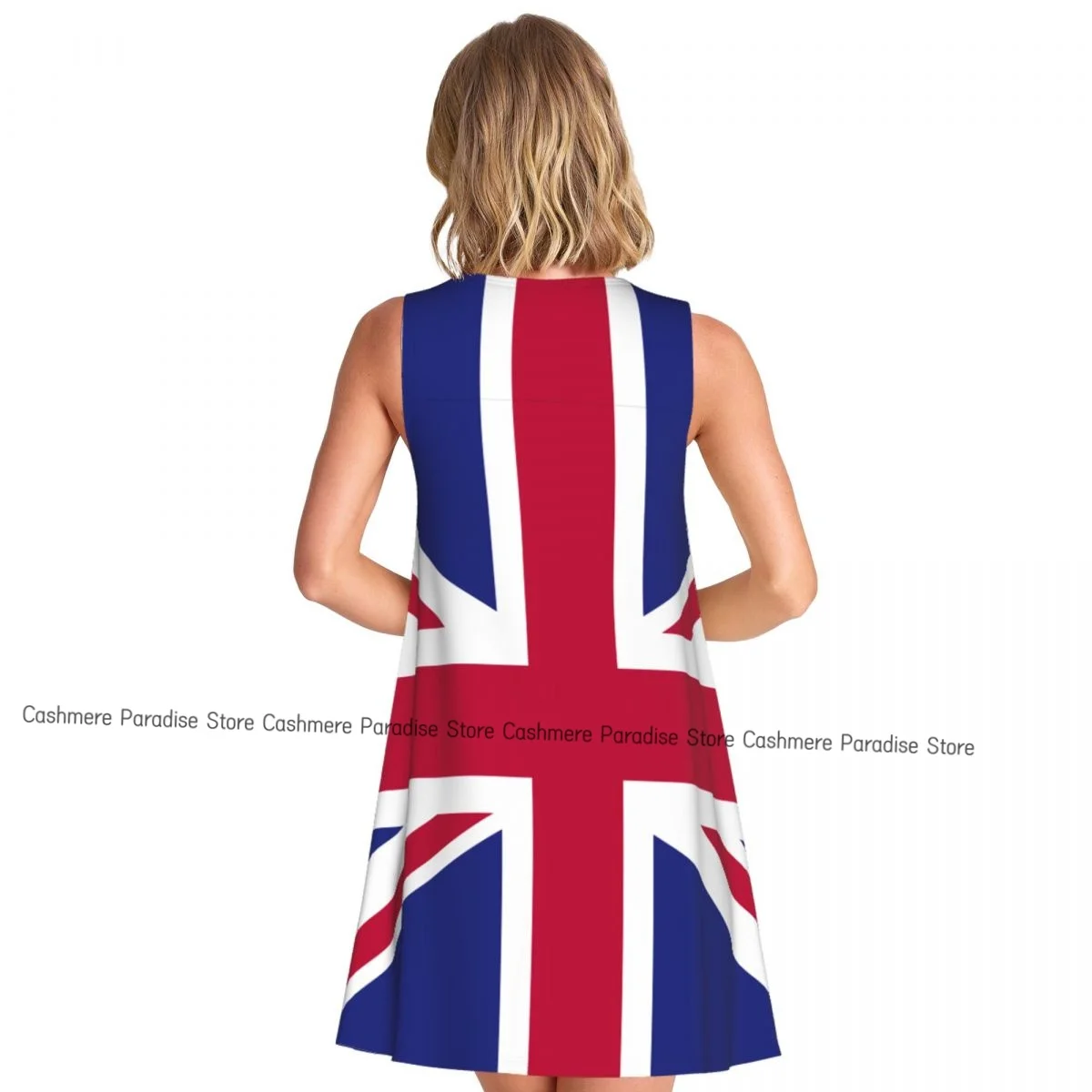 Vestido feminino casual na altura do joelho com bandeira britânica, gola redonda, sem mangas acima do vestido