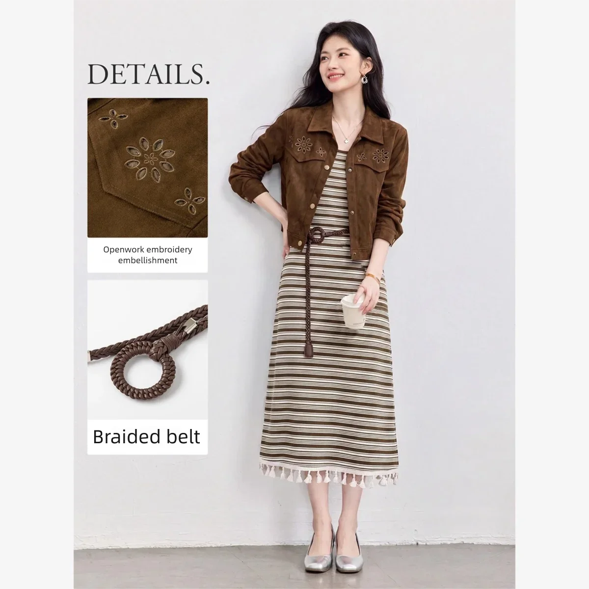 VIMLY Women's Brown Two‑piece Set 2026 Fall Vintage Long Sleeve Coat Striped Knit Sleeveless Dress Matching Outfit Female 31812