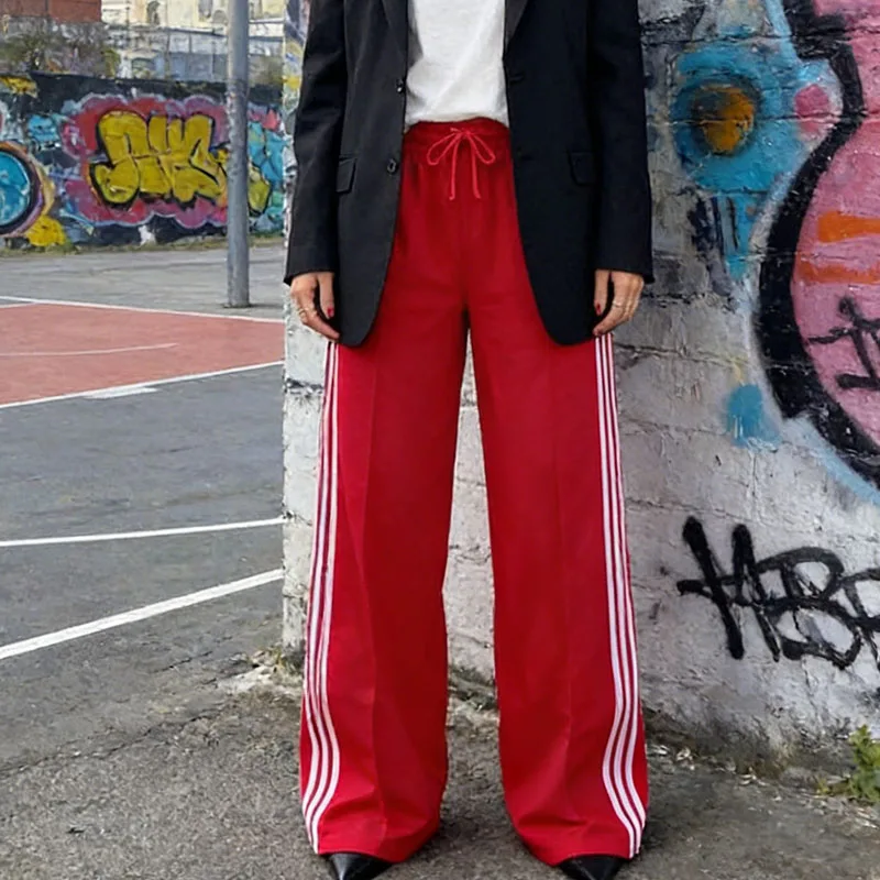 한국 봄 도파민 스트라이프 여성 빈티지 하라주쿠 바지 하이 스트리트 출퇴근 패션 트렌드 루즈 스트레이트 캐주얼 팬츠