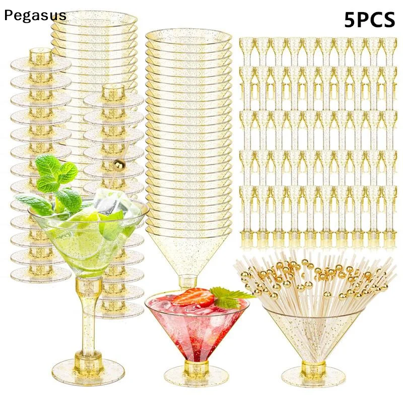 [S]5Pcs 150ml Pink Gold Wine Cup High Footed Plastic Champagne Cup Red Wine Glass Cocktail Glass Ice Cream Drink Tasting Glass