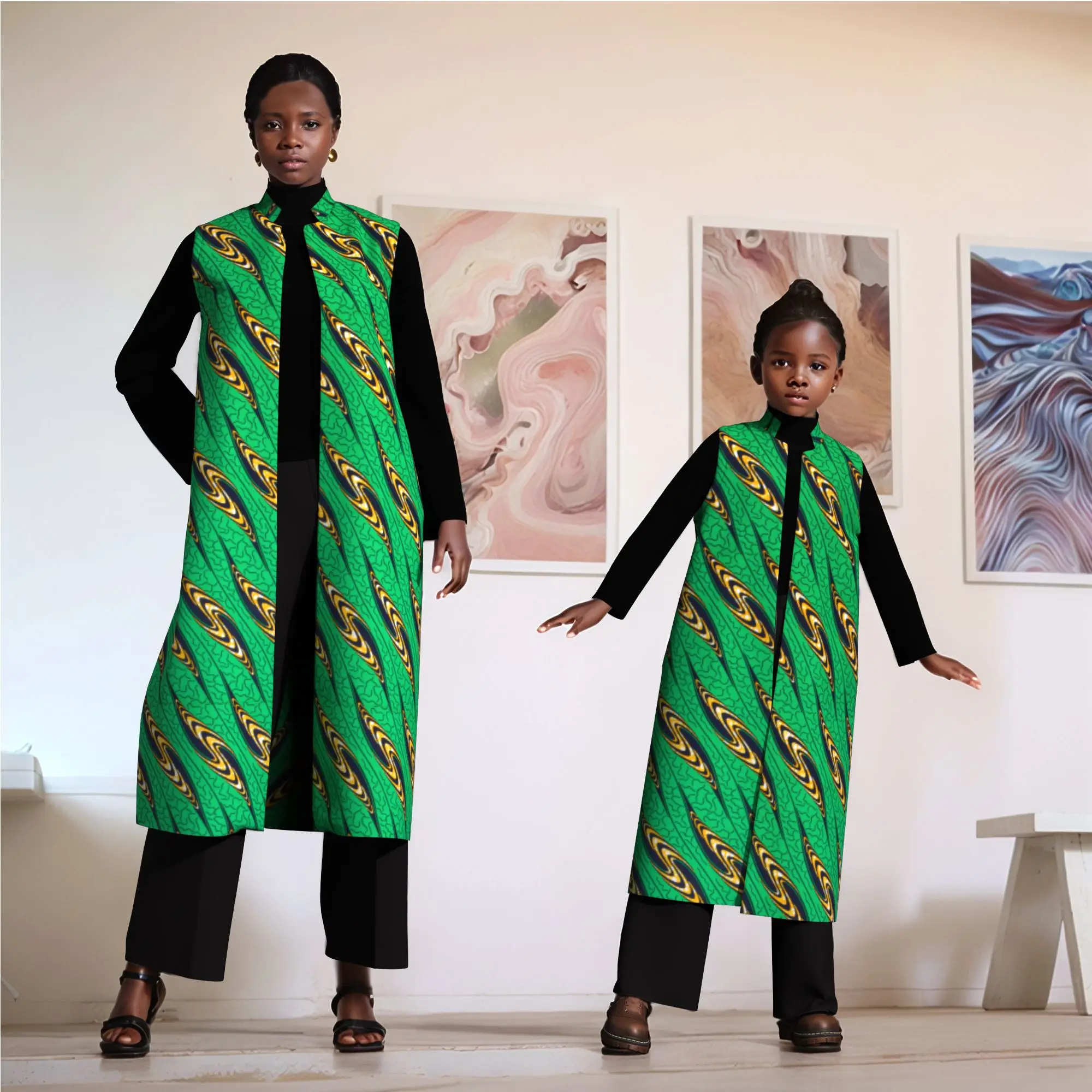 

Matching Mom and Girl Vest Coat Unisex Long Sleeveless Wax Print Jacket African Print Layering Piece for Women and Kids WYQ1107