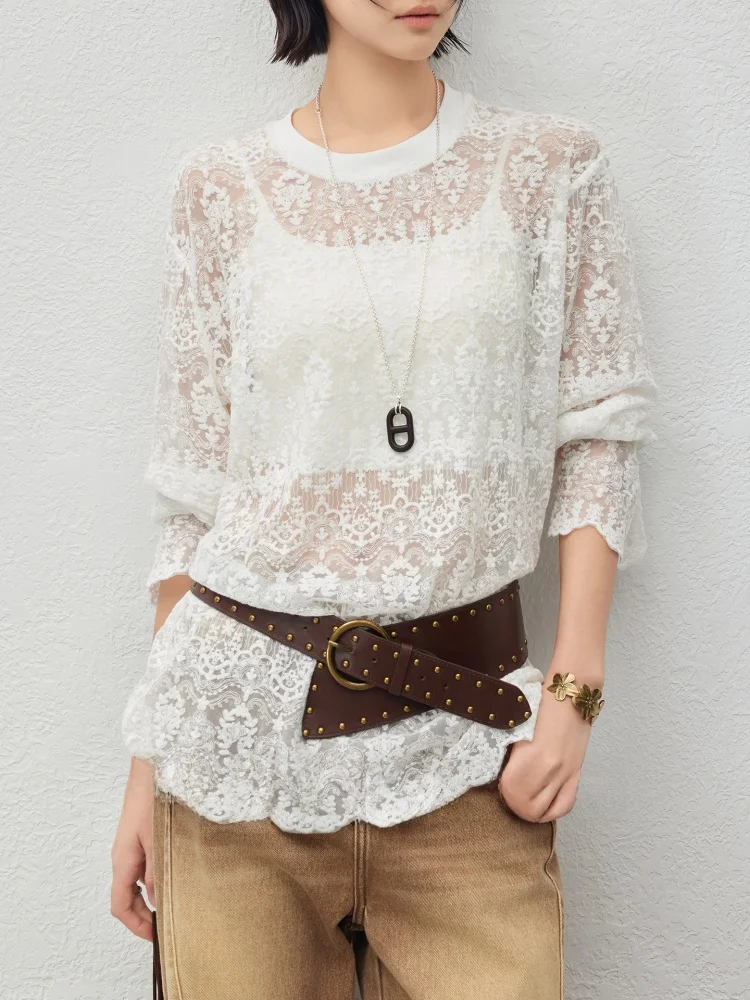 

Женский летний топ MeiYang с вышивкой, кружевом и вырезами, с длинными рукавами и круглым вырезом, из ткани с эффектом ферментации и узором «Цветы груши»