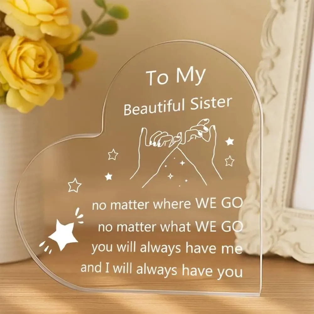 Brand 2D Acrylic Wall Art Heart Shaped Plaque Sentimental Sister Gift Intertwined Hands Poem Boho Decor For Women Home Office