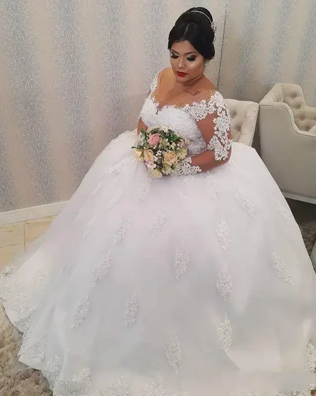 Customized African Plus Size Ball Gown Wedding Dresses Bridal Scoop Neck Long Sleeves Illusion Lace Appliques Crystal Beads Swee