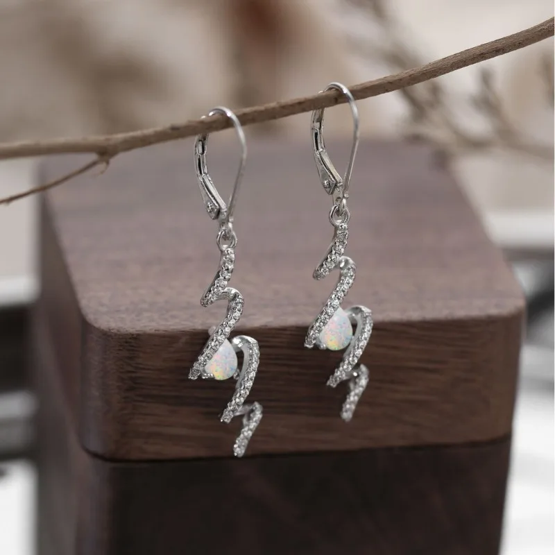 

S925 Silver Wave Earrings Water Drop White Opal Diamond Stylish Ear Buckles Women