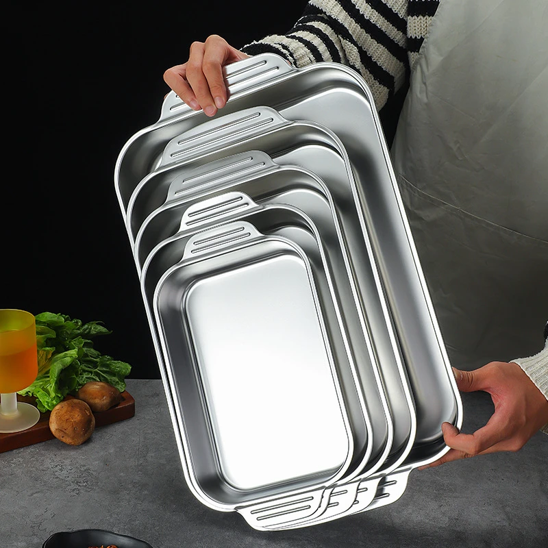 304 Stainless Steel Rectangular Baking Pan with Handle Non-stick Kitchen Fruit Bread Pastry Deepening Food Bake Tray Bakeware