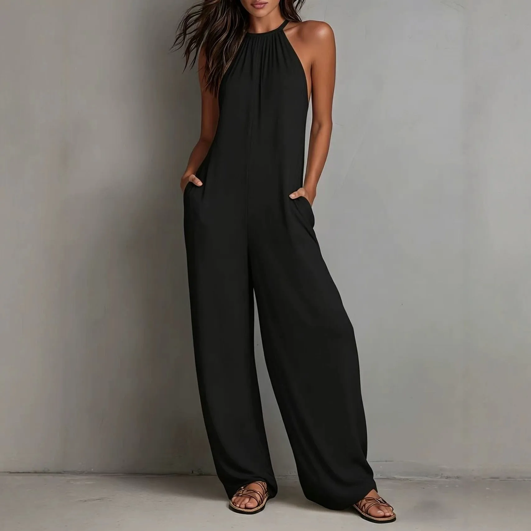 Casual Jumpsuit For Woman Sleeveless Romper Halter Neck Wide Leg Overalls Black Front Pockets Jumpsuits White Maxi Length Solid