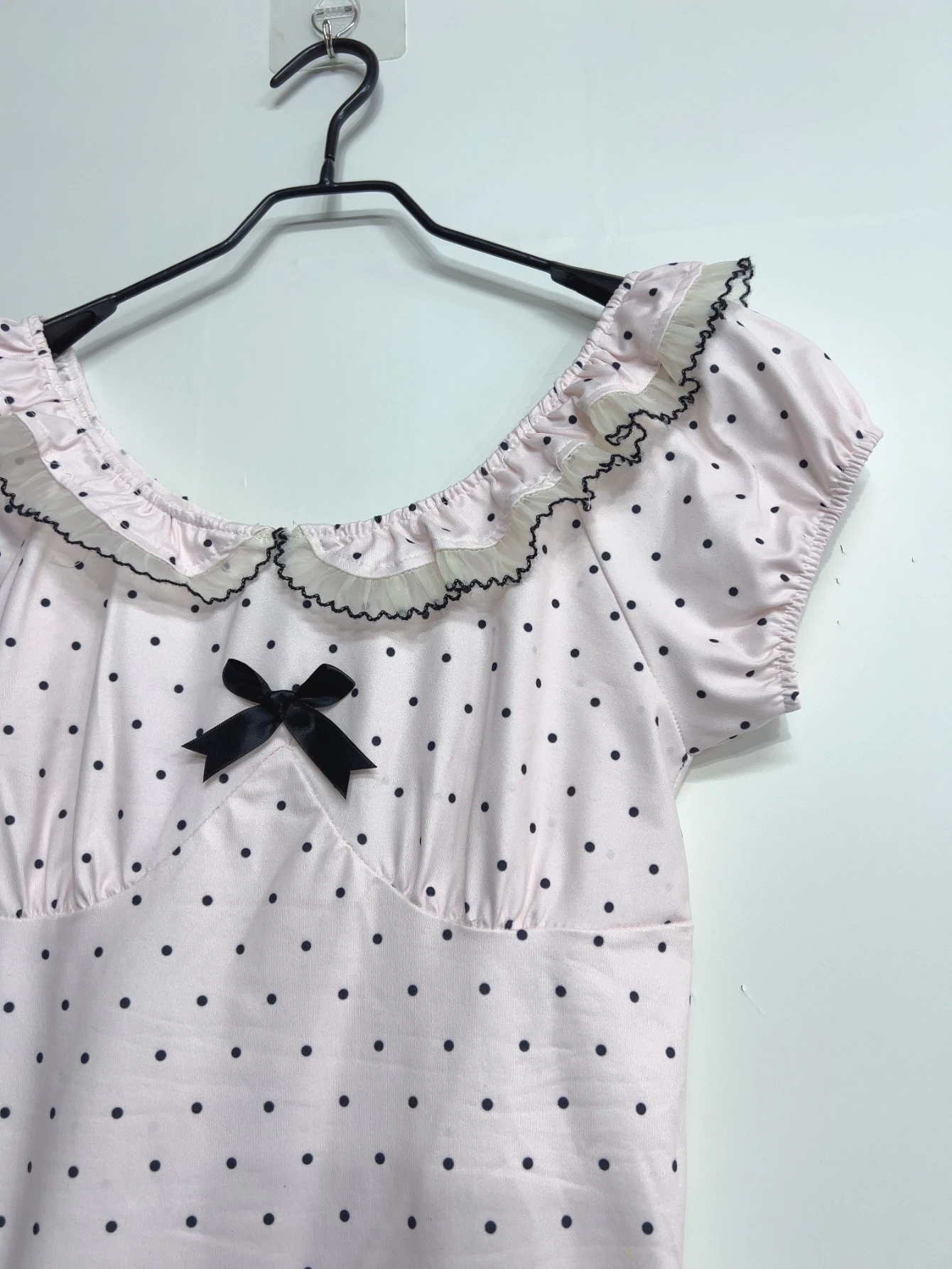 Women Summer Korean Fashion Sweet Bow Tops Vintage Cute Y2K Polka Dot Print Slim Fit Japan Lace Shirt Short Sleeve 2000s Clothes