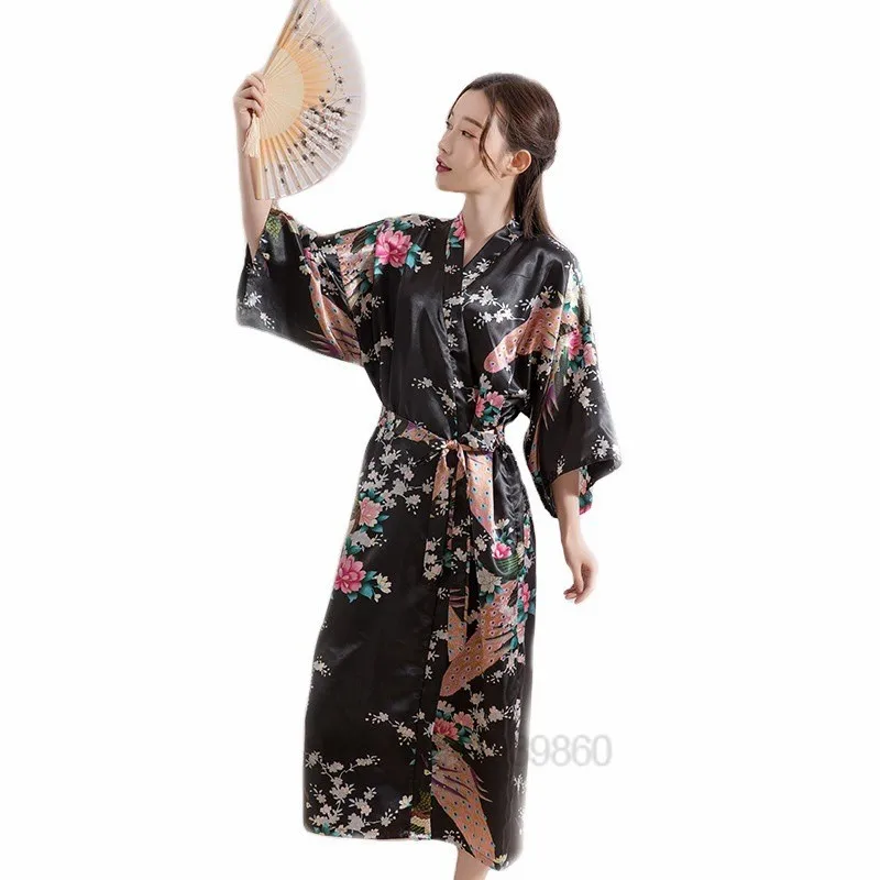 Bata de seda de rayón con estampado chino para mujer, camisón largo y Sexy, Kimono Yukata, bata de baño, ropa de dormir de talla grande, lencería