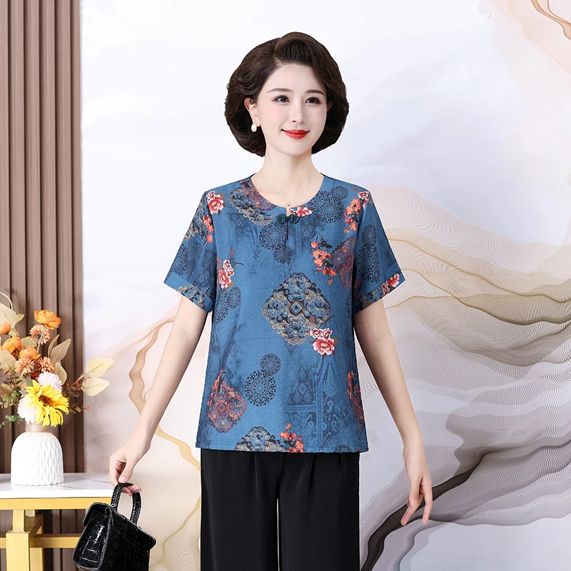 

Women's Vintage Printing Blouse 2023 Summer Ladies Flowers Print Tops Elegant O-Neck Floral Printed Short Sleeve Shirts
