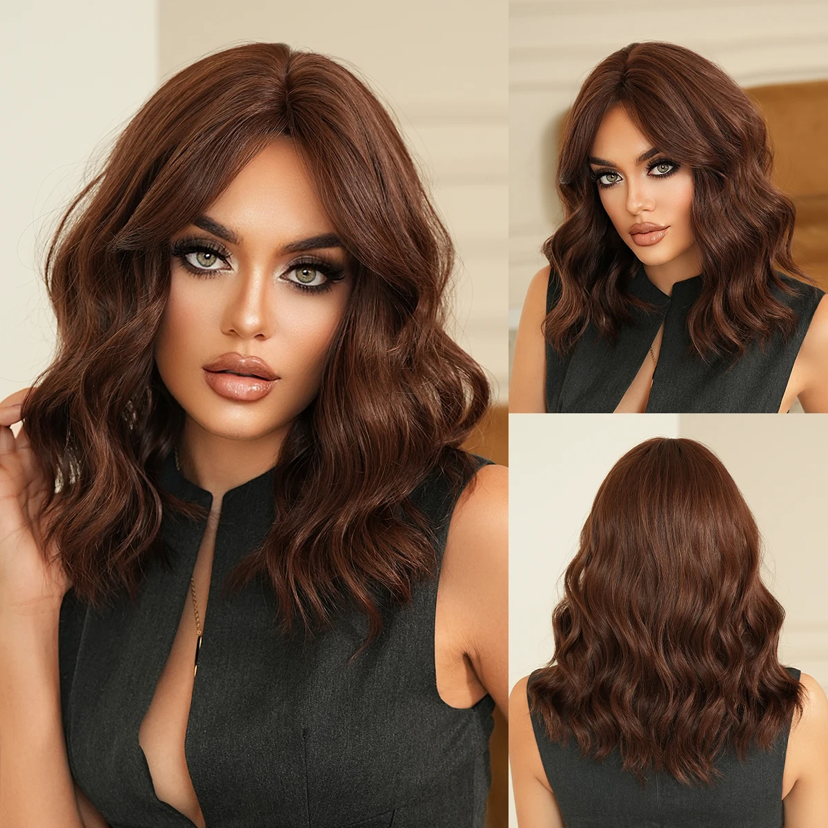 

NAMM Long Wave Brown Wig Elegant Fluffy Curly Wig with Silk Synthetic Heat Resistant Fiber Hair Patch, Suitable for Women