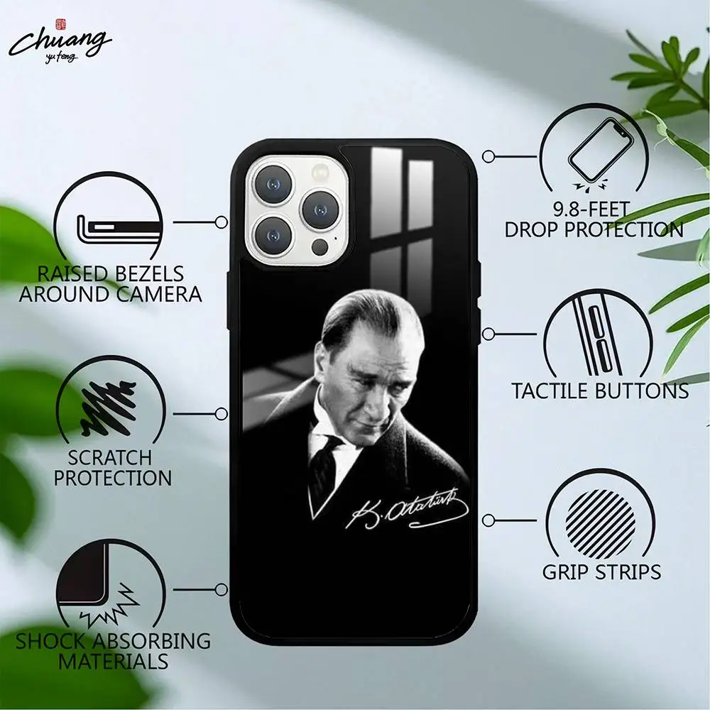 M-Mustafa Kemal A-Ataturk حافظة هاتف مميزة لهاتف آيفون 11 12 13 14 15 16Pro Max Plus نسيج زجاجي عالي الجودة
