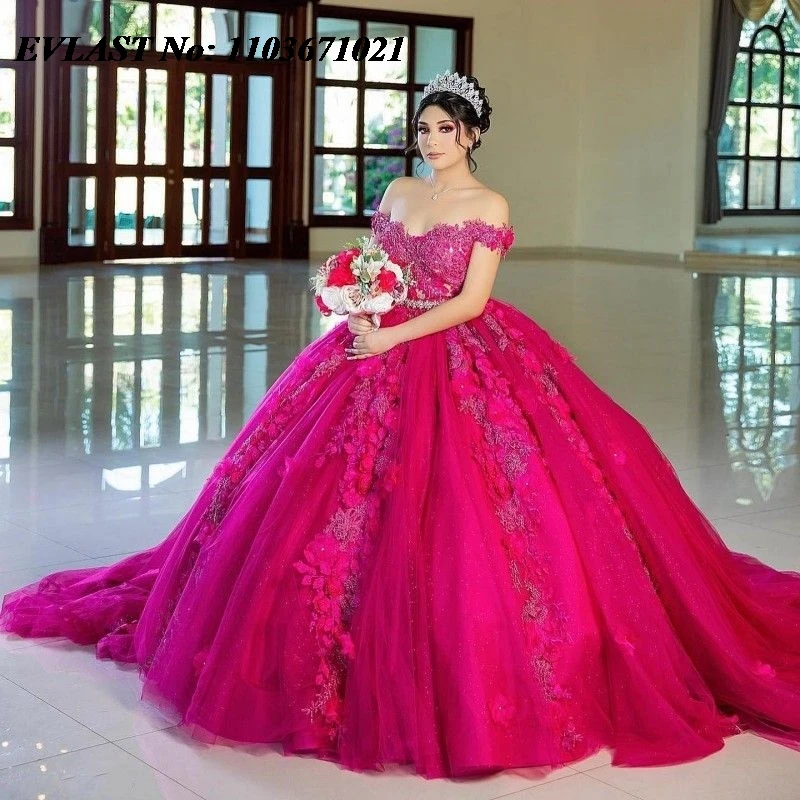 

EVLAST Customized Bright Pink Quinceanera Dress Ball Gown 3D Flowers Applique Beading Sweet 16 Vestidos De XV 15 Anos SQ29