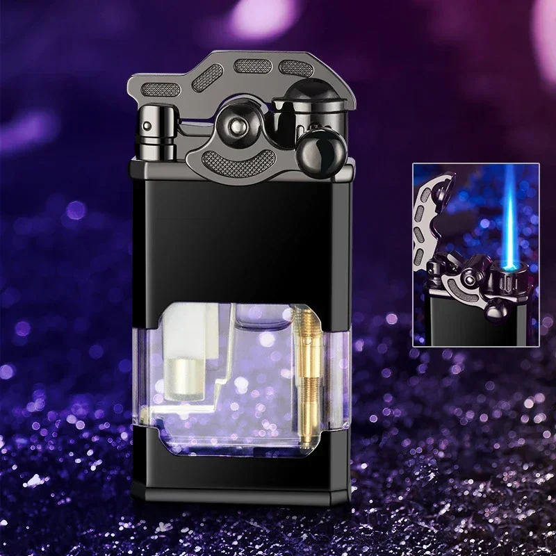 Metal Rocker Arm Luminous Torch Windproof Butane Gas Lighter Transparent Jet Flame For Cigar Smoking Useful Accessories Gadgets