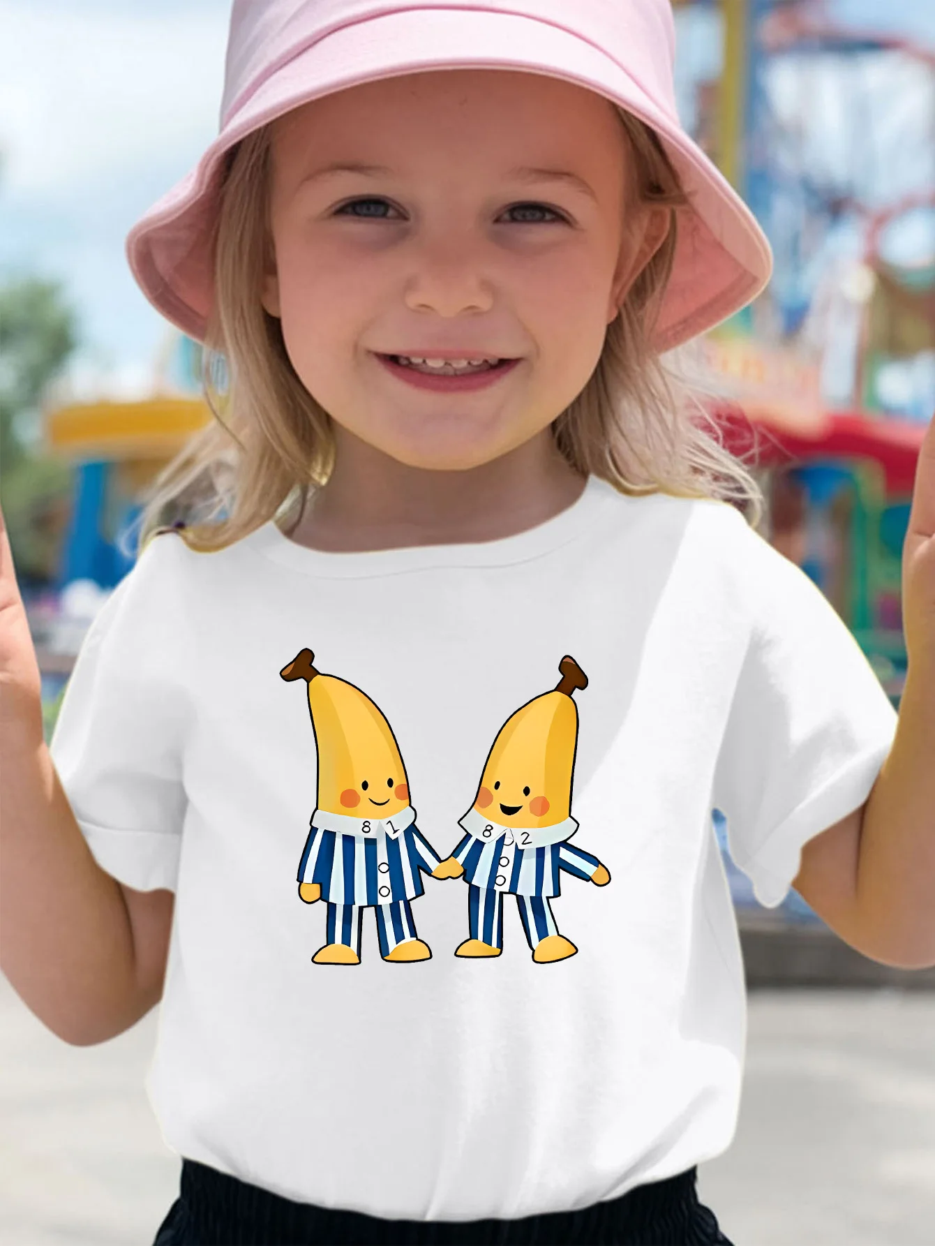Cute Cartoon Bananas In Striped Pajamas Print Family Matching T Shirt Boys Girls Soft Summer Short  Tees Parent‑Child Daily Tops