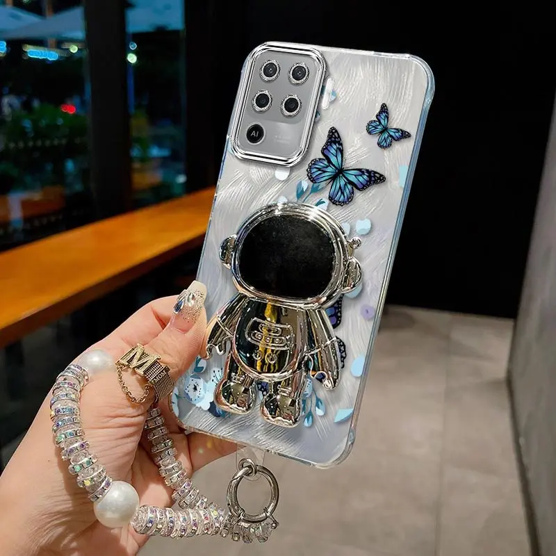 

A 94 Blue Butterfly Bracelet Holder Phone Case For OPPO A94 A78 A57 A77S A77 A76 A74 A72 A7N A9(2020) A92 A95 A96 Cover