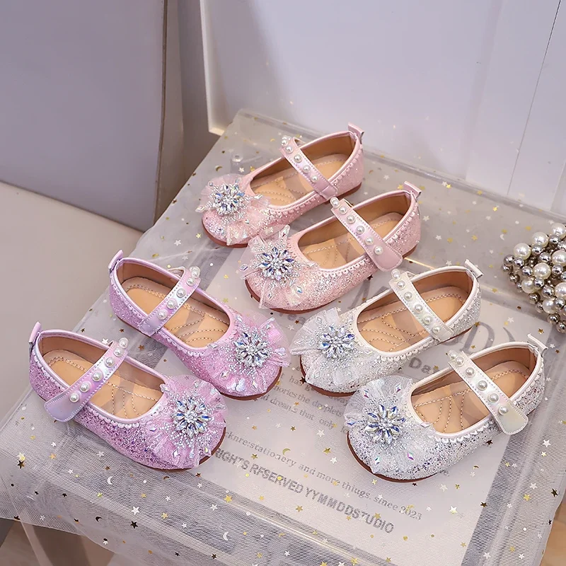 Mädchen Mary Jane Flache Schuhe Glitzer Prinzessinnen-Kleiderschuhe Tüll Strass Schneeflocken-Ornament, Perlen Ballett Hochzeit Mädchen Geburtstag – Detail 3