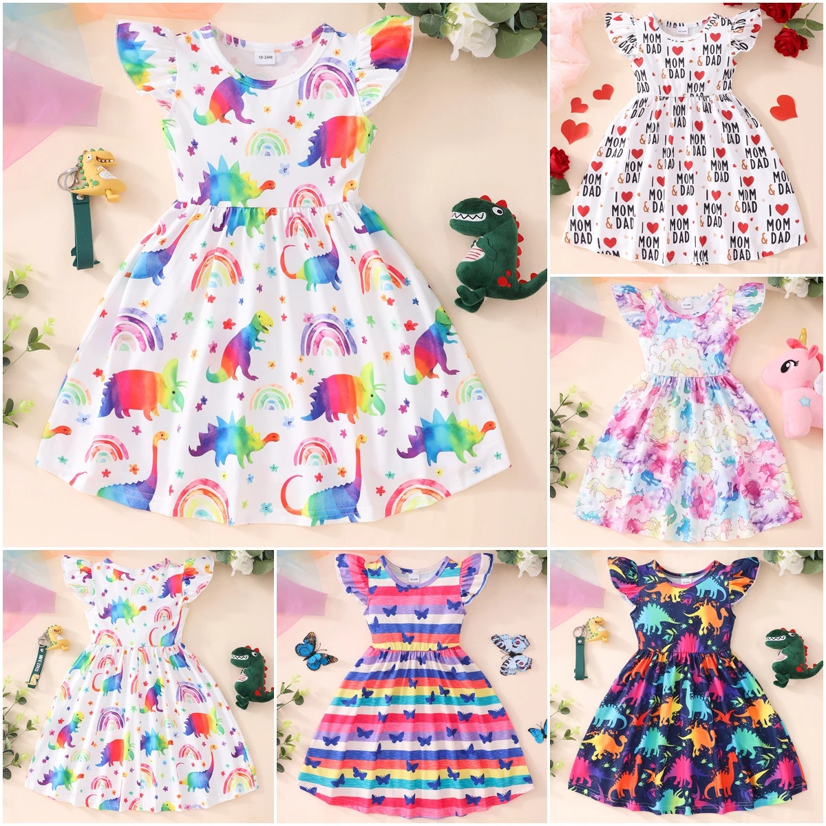 Flying Sleeve Dress Baby Girls Kids Party Tutu Ruffle Rainbow Dinosaur Dress Cotton Newborn Costume for 2-9Y