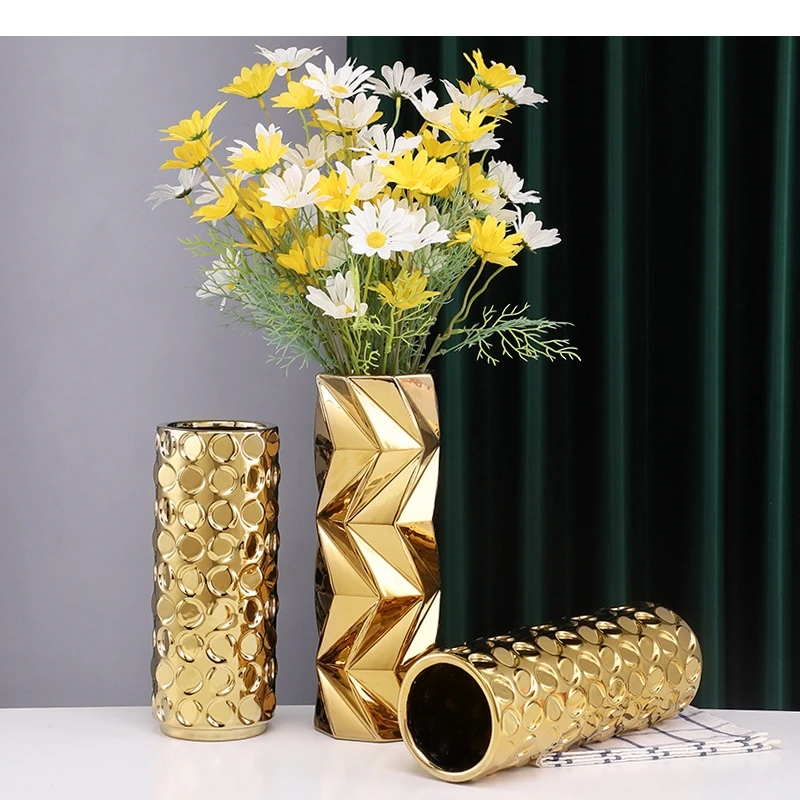 Gold Ceramic Vase Geometric Section Hydroponic Flower Apparatus Floral Arrangement Accessories Terrarium Home Decoration