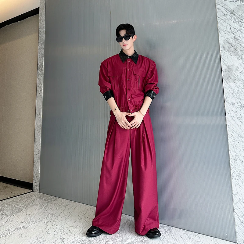 2025 Autumn Men Casual Two Piece Set Short Lapel cargo Jacket Large Pockets Snap Buttons Loose Straight Leg Pleated Waist Pants