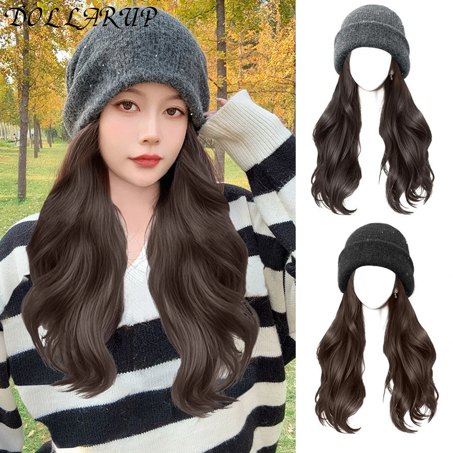 Synthetic Hat Wig Beanies Hat With Hair Wigs For Women Long Wavy Hair Warm Soft Ski Knitted Autumn Winter Cap Heat Resistant