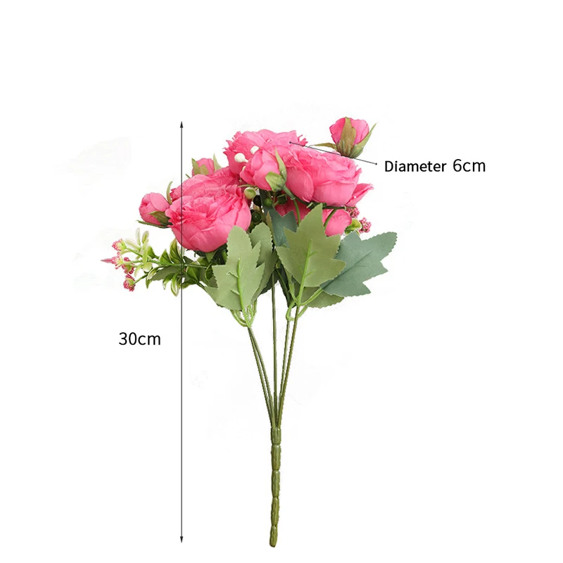 Hot Selling 1pcs/30cm Rose Pink Silk Bouquet Peony Artificial Flower 5 Big Head 4 Small Bud Bride Wedding Home Decoration