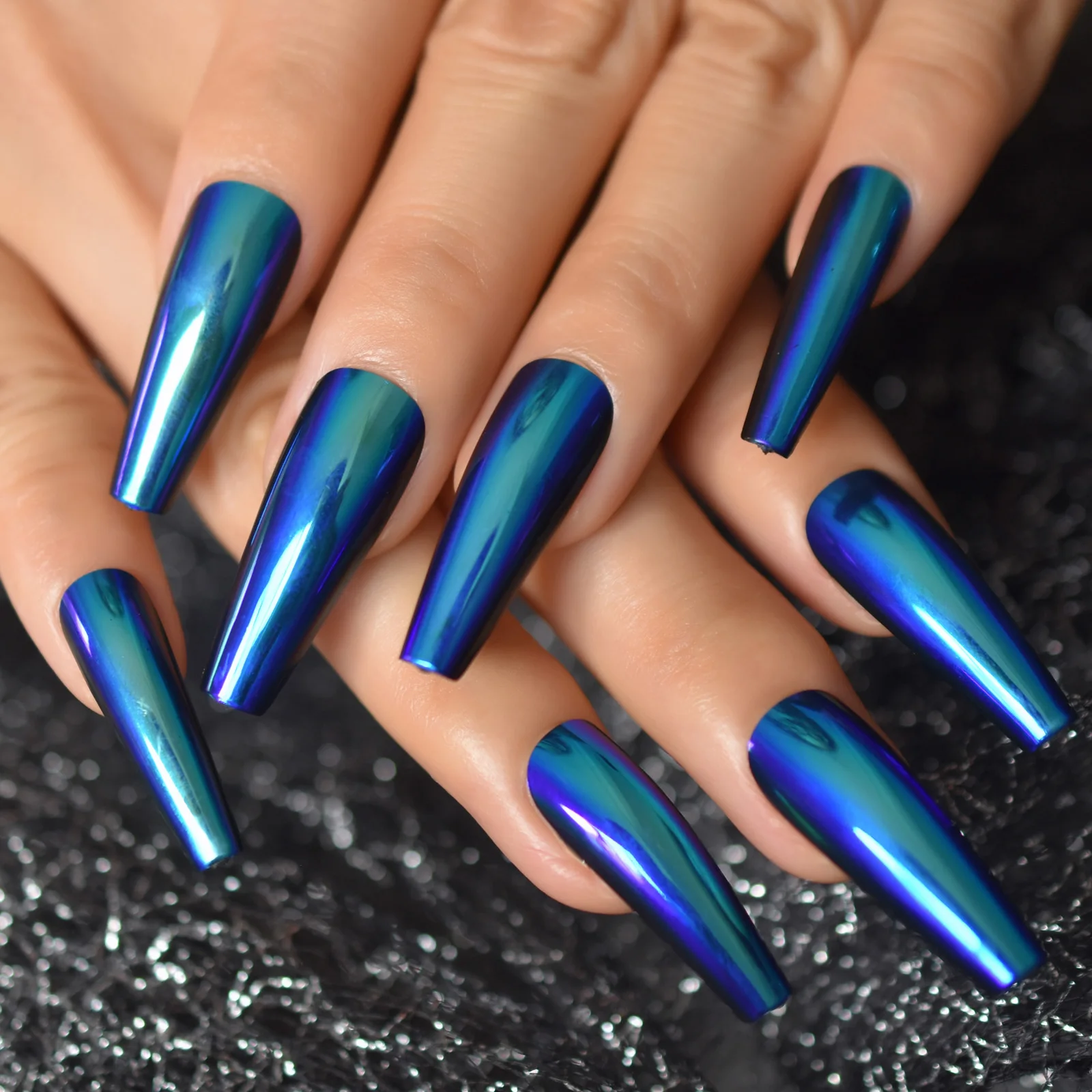 Chrome Metallic Fake Nails Set Mirror Extra Long Press On Nails Coffin Ballerina Blue Acrylic False Nail Art Tips For Women