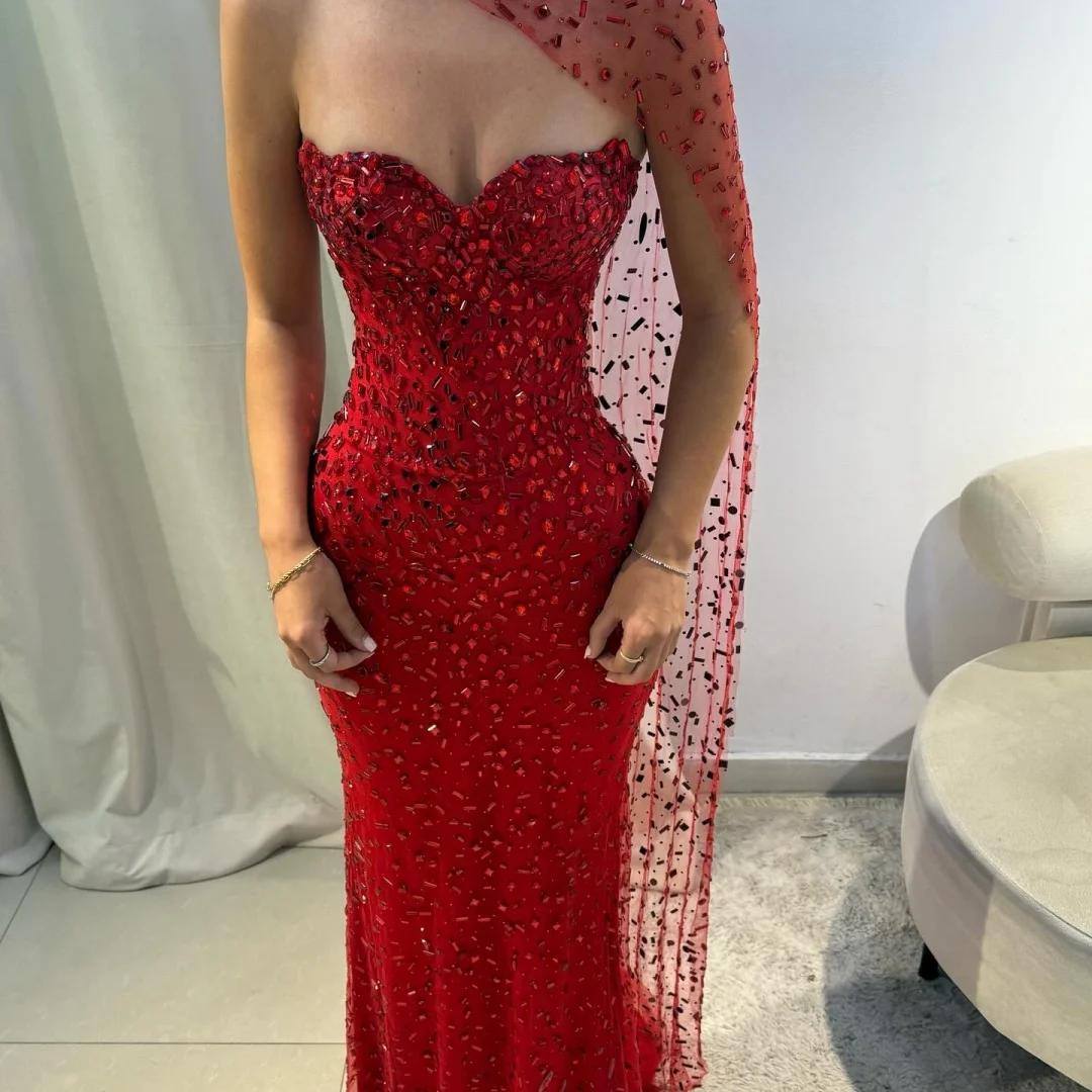 Sansa Abiti da ballo senza maniche con glitter a sirena rossa personalizzati squisiti con scialle Abiti da sera lunghi fino al pavimento da sera formale