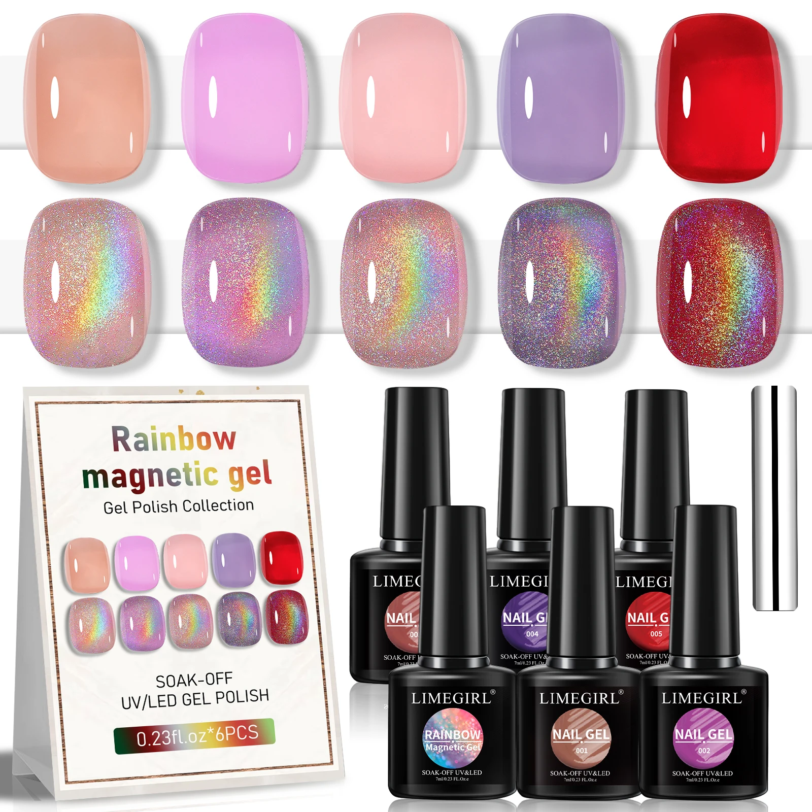 LIMEGIRL 6pcs 7/10ml Cat Eye Gel Nail Polish Set 6 Colors Gel Polish Kit Soak Off for Uv/Led for Salon and Nail Art DIY At Home