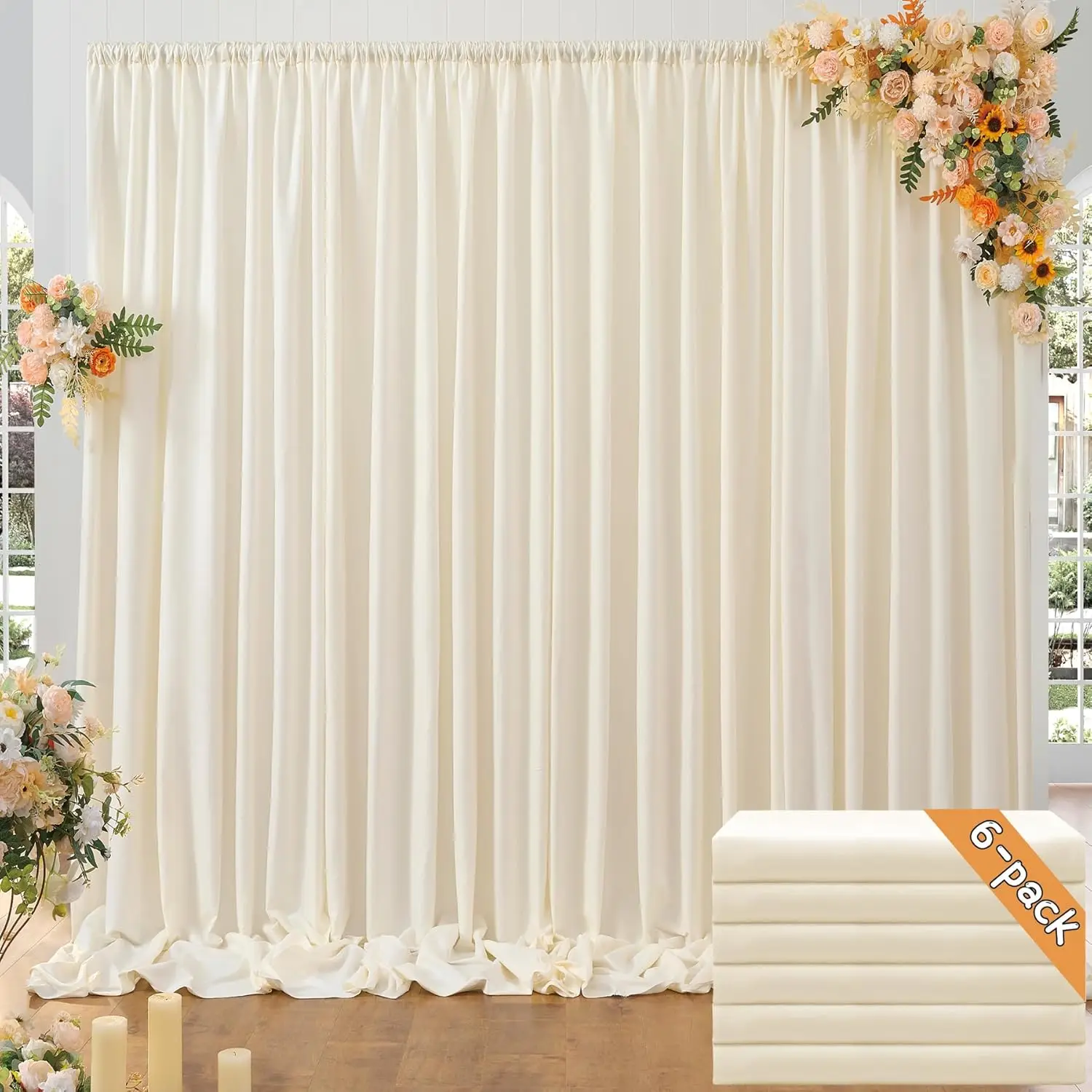 Wrinkle Free Ivory Backdrop Curtains 6 Panels 5ftx10ft Polyester Wedding Backdrop Drapes for Arch Party Stage Ceremony Photograp