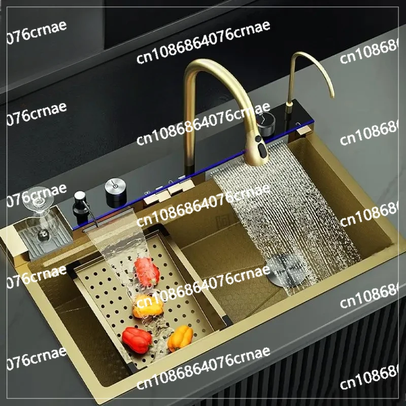 

Роскошная кухонная раковина «Водопад» черного и золотого цвета, встроенный многофункциональный цифровой дисплей, набор из нержавеющей стали с большим одним слотом