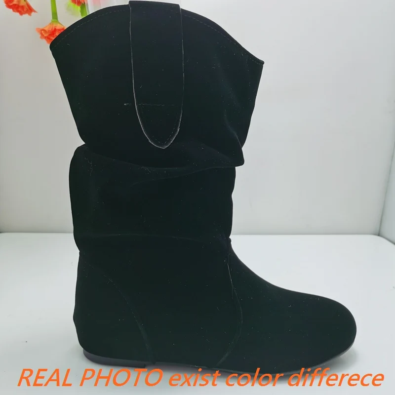 REAVE CAT Design Female Ankle Boots Flock Round Toe Wedges Slip On Pleated Size 45 46 47 48 Leisure Daily Booties Women