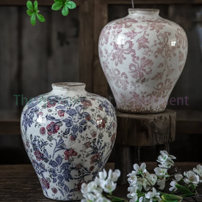 Chinese ancient style rich flower three-color small mouth crack ceramic vase, entrance living room dining room decoration