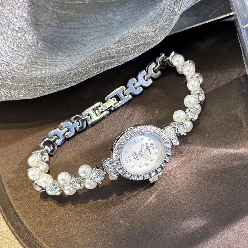الفاخرة الماس المرأة البيضاوي الهاتفي كوارتز ساعة موضة اللؤلؤ سوار ساعة السيدات ساعات المعصم دروبشيبينغ Reloj De Mujer