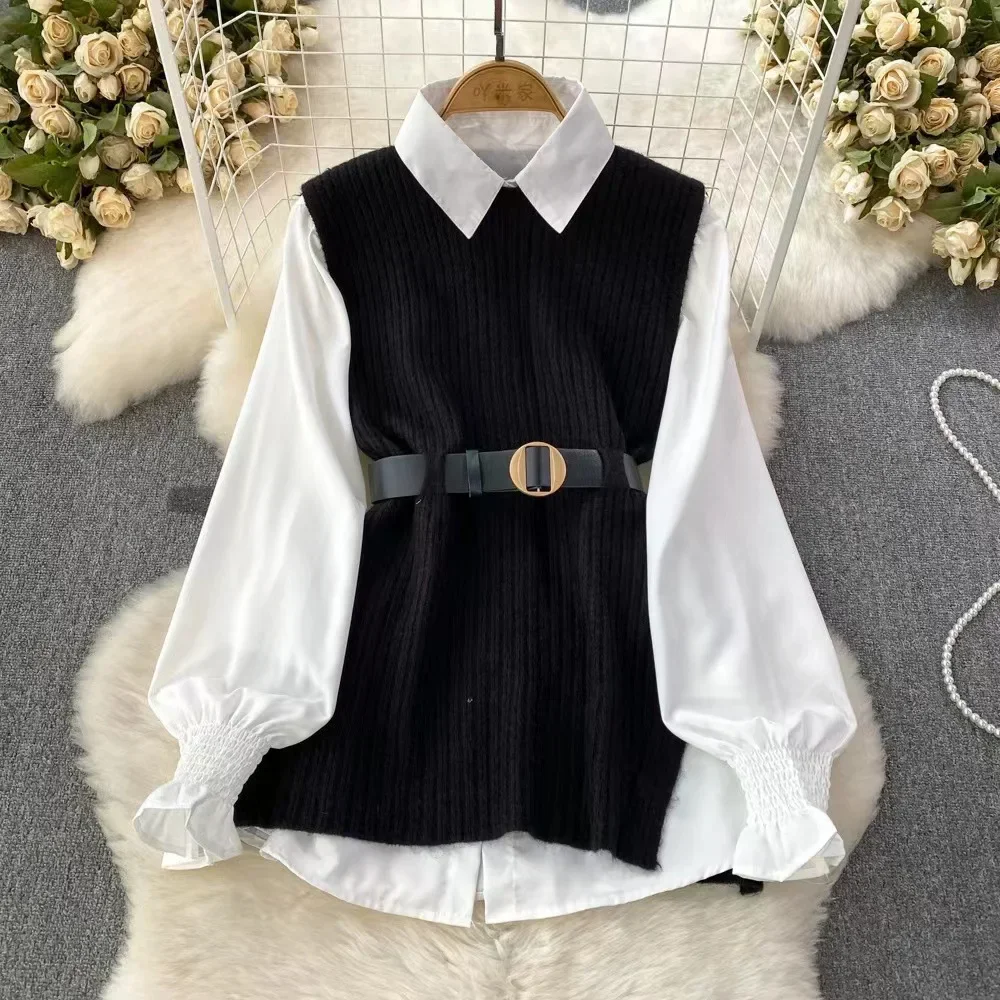 Women Outfits Loose Shirt Turndown Collar Long Sleeve Top Sashes Slit Knit Vest Two Piece Set Female Blouse 2024 Casual Suit