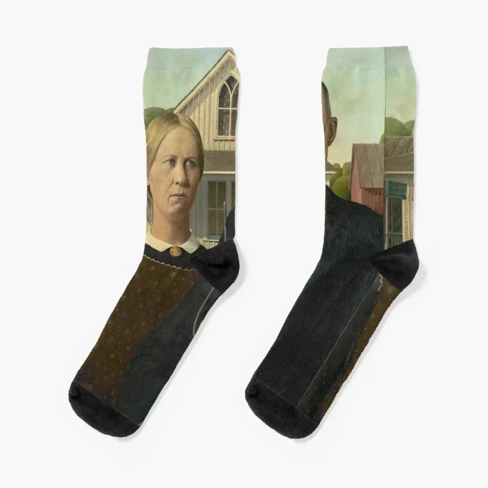 Painting American Gothic by Grant Wood Socks kids Rugby Children's hip hop Woman Socks Men's