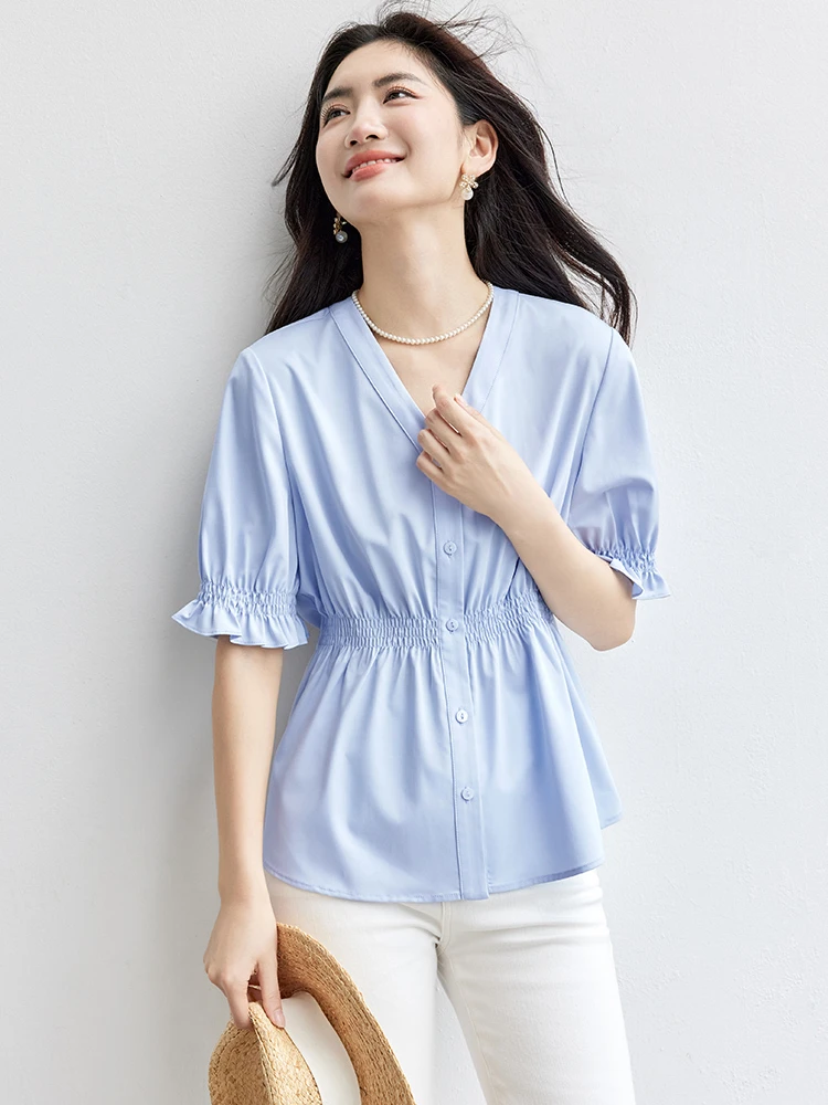 

SENTUBILA Women V neck Shell Buttoned Shirts 2025 New Collection Bubble Short Sleeve Blouse Summer Women's Clothing 152CA1710